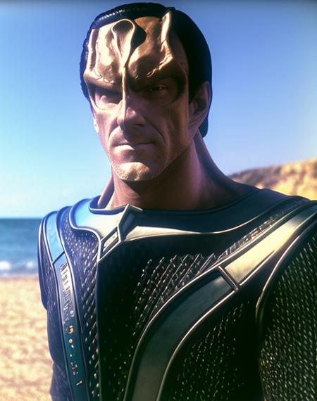 cardassian, male, evek, grey skin, black slicked back hair, reptile scales on sides of neck, wearing cardassian uniform, medium shot, turned to the side, richard poe (medium shot:1.1), (portrait:1.1), head and shoulders portrait, at the beach, outdoors, perfect sunny day, highly detailed face, perfecteyes eyes, 8k, photograph, film still, 35mm photo, Canon F-1, film grain, <lora:cardassian_lora:0.8>, <lyco:locon_perfecteyes_v1_from_v1_64_32:0.5>