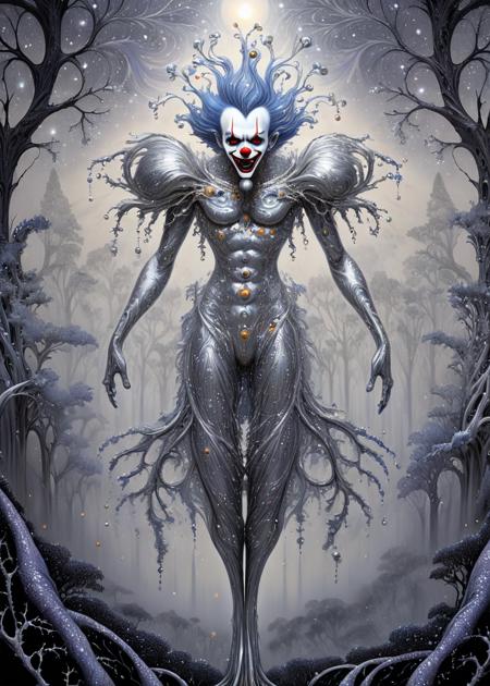 award-winning xlmrblng15-1300 beautiful glowing cyborg clown floating in a magnificent silver-tinted dark forest with metallic trees, very detailed, intricate, (misty:1.1)