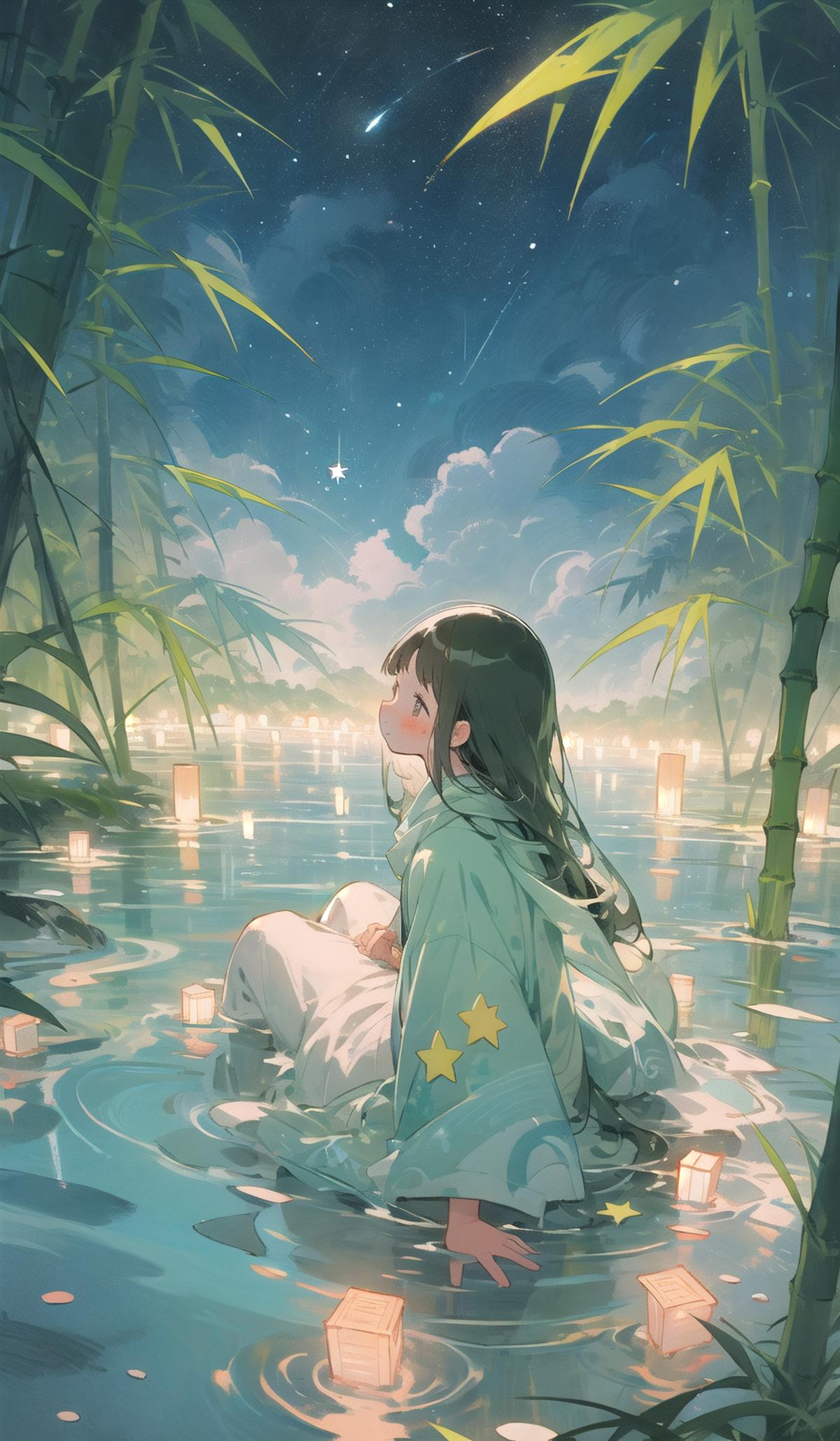 A young girl sitting in a lake at night in a forest.