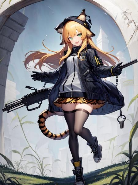 <lora:xia-000001:1>, 1girl, animal_ears, black_legwear, blonde_hair, chain, cuffs, full_body, gloves, green_eyes, gun, handcuffs, hat, jacket, long_hair, long_sleeves, looking_at_viewer, open_mouth, simple_background, skirt, smile, solo, standing, tail, thighhighs, tiger_ears, tiger_tail, weapon, white_background, zettai_ryouiki