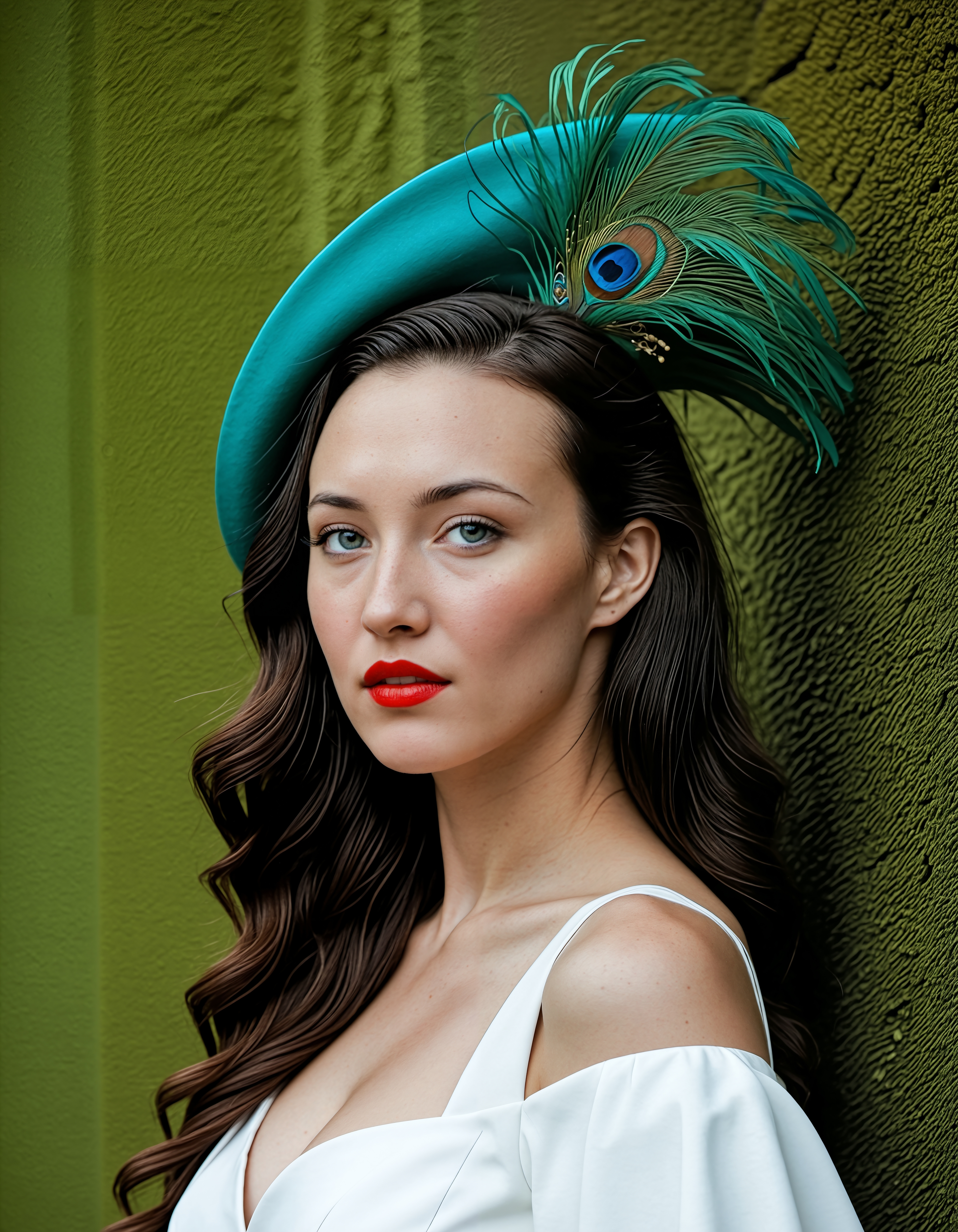 A realistic photographic portrait of a striking 25-year-old woman with deep, dark hair flowing naturally around her shoulders and vivid, bright blue eyes that contrast beautifully with her fair skin. Her face is narrow with (sharply pronounced cheekbones), subtly reflecting a blend of European and ((Mongolian ancestry:1.5)). She has a refined jawline and expressive features that convey intelligence, resilience, and quiet confidence. Her physique is tall and slim, yet gracefully shapely, with elegant posture and a poised presence., The image is a portrait of a young woman wearing a white wedding dress and a large black hat with a green feather on top. The hat is wide-brimmed and has a wide brim. The woman has long dark hair styled in loose waves and is wearing red lipstick. She is looking directly at the camera with a serious expression on her face. The background is a green wall with a textured pattern. The overall mood of the image is elegant and sophisticated, <lora:Charmaine_SDXL:0.8> .