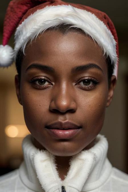 Striking facial features beautiful 28 year Congolese, (short hair), smirk, turned sideways looking at camera, stark shadows, moisture reflection, tonal gradation, age wrinkles, skin pores, ((Santa hat)), striped turtleneck, Ski lodge gathering, epiCRealism