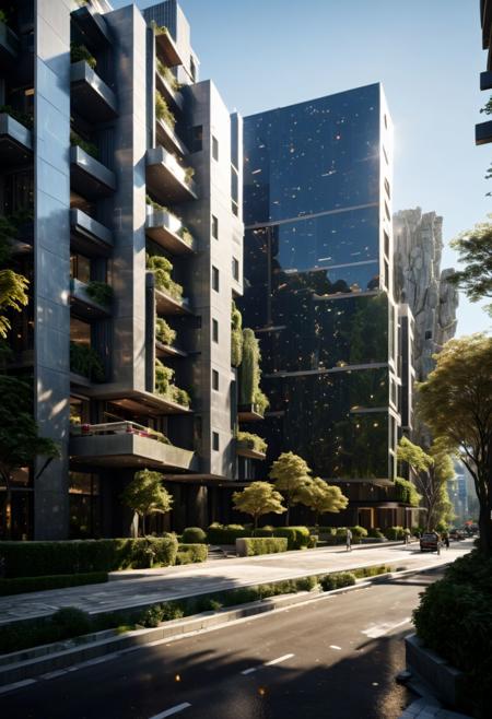(((Modern style architecture, housing, luxury residence))),
outdoors, sky, tree, blue sky, no humans, ground vehicle, building, scenery, reflection, city, cityscape, bare tree, skyscraper, real world location,
(Large Files, Ultra Realistic, 8K, 16k, FHD, HD, VFX, Perfect, Photography, composition, Architecture Sales Photography, Architecture Competition, Ultra High Resolution, Cinematography, High Resolution Image:1.1), (dramatic lighting, direct sunlight, ray tracing, clear shadow:1.2), (real landscape:1.1), (blurred background:1.0), (urban background, more_details)  
(avant-garde, future, reality, science fiction, photorealistic), (modern architecture:1.2), White limestone with black granite, fountain, waterfall, landmark, square, path, narrow street,
(Large Files, Ultra Realistic, 8K, 16k, FHD, HD, VFX, Perfect, Photography, composition, Architecture Sales Photography, Architecture Competition, Ultra High Resolution, Cinematography, High Resolution Image:1.1), (dramatic lighting, direct sunlight, ray tracing, clear shadow:1.2),  (real landscape:1.1), (blurred background:1.0), (urban background, more_details) ,
great lighting, extremely detailed, clear, SteamPunk, futuresurban