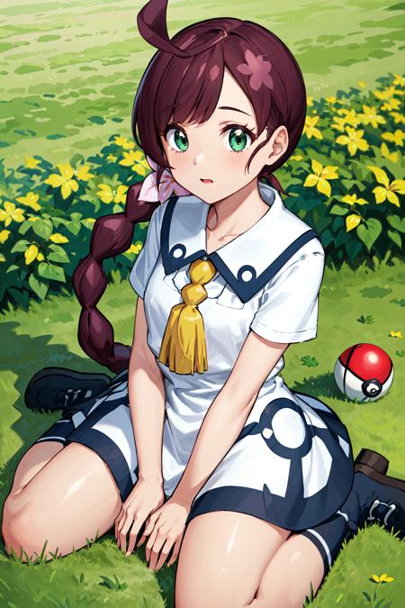 masterpiece, best quality, highres, chl1, 1girl, braided_ponytail, (ahoge:1.1), dress, school uniform, white dress, collared dress, collarbone, eyelashes, short sleeves, neck tassel,  <lora:chloe_(pokemon)_v5:0.6>, wariza, sitting, grass, garden, poke ball \(basic\),