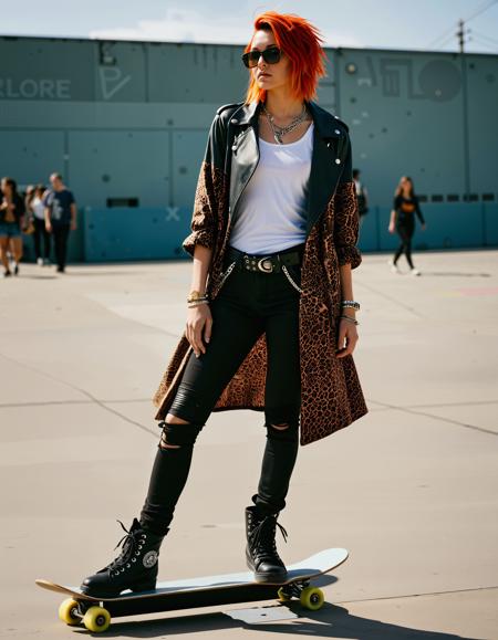 25-Attire-Styles, Inspired by: Skate Punk style, untamed energy, tattered fabrics, leather, belts, and bold patterns, with a focus on anti-establishment flair and urban chaos.