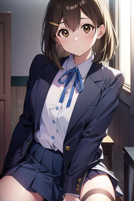 yuihirasawa, <lyco:yuihirasawa-LYCORIStest:1>,
yui hirasawa, (brown eyes:1.5), brown hair, hair ornament, hairclip, medium hair, (flat chest:1.2),
BREAK black pantyhose, blazer, blue jacket, blue ribbon, blue skirt, buttons, collared shirt, jacket, long sleeves, neck ribbon, pantyhose, pleated skirt, ribbon, sakuragaoka high school uniform, school uniform, shirt, skirt, white shirt, winter uniform,
BREAK looking at viewer,
BREAK indoors, classroom,
BREAK <lora:GoodHands-vanilla:1>, (masterpiece:1.2), best quality, high resolution, unity 8k wallpaper, (illustration:0.8), (beautiful detailed eyes:1.6), extremely detailed face, perfect lighting, extremely detailed CG, (perfect hands, perfect anatomy),