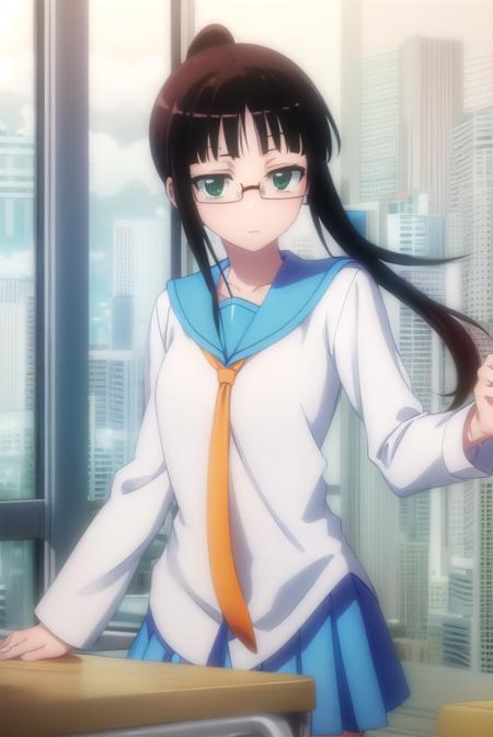 rurimiyamoto, <lora:ruri miyamoto s2-lora-nochekaiser:1>,
ruri miyamoto, long hair, bangs, black hair, (green eyes:1.3), ponytail, glasses, blunt bangs,
BREAK skirt, shirt, thighhighs, school uniform, collarbone, white shirt, pleated skirt, necktie, serafuku, sailor collar, blue skirt, blue sailor collar, orange necktie,
BREAK indoors, classroom,
BREAK looking at viewer, (cowboy shot:1.5),
BREAK <lyco:GoodHands-beta2:1>, (masterpiece:1.2), best quality, high resolution, unity 8k wallpaper, (illustration:0.8), (beautiful detailed eyes:1.6), extremely detailed face, perfect lighting, extremely detailed CG, (perfect hands, perfect anatomy),