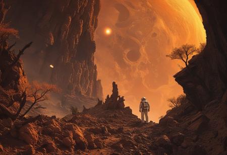 A lone astronaut stands tall at the edge of a dense alien world, framed by rugged landscape as sun sets behind him, casting warm orange glow on rustic terrain. His peaceful demeanor contrasts with the vastness of diverse trees and rocks stretching out in every direction. He gazes out at breathtaking scenery, rock cliff at his side,
masterpiece,absurdres,photorealistic,best quality