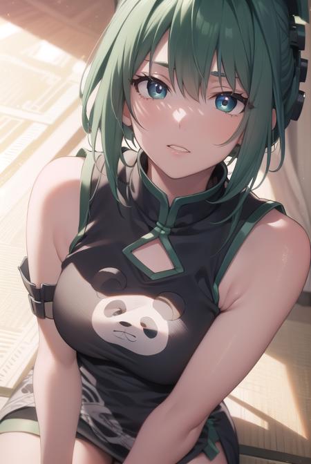 juntao, <lora:juntao-lora-nochekaiser:1>,
jun tao, (green eyes:1.5), green hair, hair between eyes,
BREAK animal print, bear print, black dress, china dress, chinese clothes, dress, air, hip vent, panda print, side slit, sleeveless, sleeveless dress, thigh strap,
BREAK looking at viewer, full body,
BREAK indoors, classroom,
BREAK <lyco:GoodHands-beta2:1>, (masterpiece:1.2), best quality, high resolution, unity 8k wallpaper, (illustration:0.8), (beautiful detailed eyes:1.6), extremely detailed face, perfect lighting, extremely detailed CG, (perfect hands, perfect anatomy),