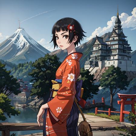 (masterpiece:1.2), ultra detailed,  <lora:MatoiTsunetsuki:0.75>, Matoi, kimono, hakama, japanese castle, close, outside, persistent stare, mountains,   best quality, looking at the viewer