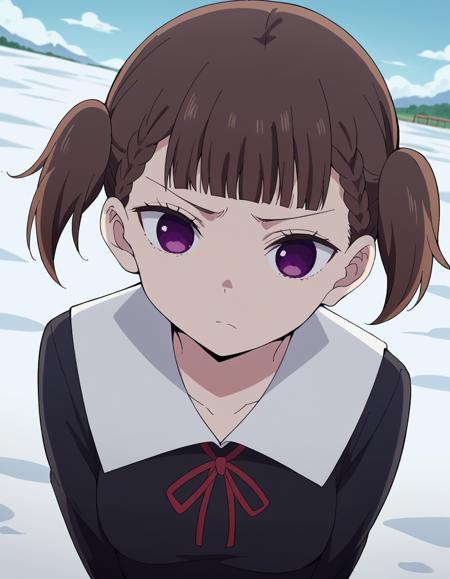 maki shijou, bangs, blunt bangs, purple eyes, twintails, two side up, braid, short twintails, brown hair, medium breasts, long sleeves, dress, ribbon, school uniform, black dress, red ribbon, neck ribbon, collared dress, shuuchiin academy school uniform,