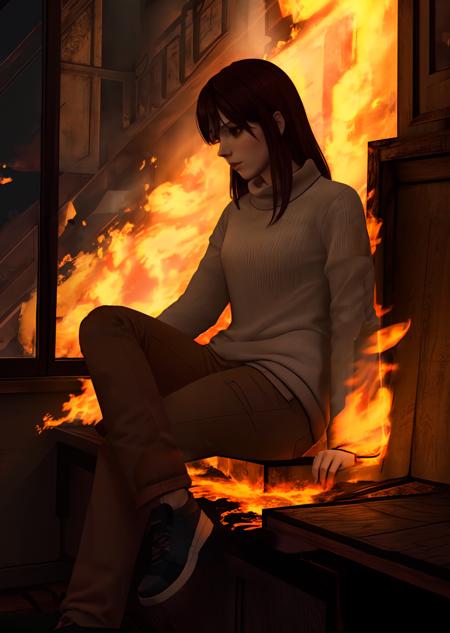 illustration, angela orosco, (from profile), sitting in front of burning house, surrounded by fire, (full body), night, beautiful face, emotionless, detailed face, intricate, highest quality, masterpiece, 8k, hires,   <lora:AngelaOrosco_v01:0.8>