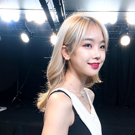 <lora:bingbing_v0.2:1> <lora:koreanDollLikeness_v15:0.66>, best quality, ultra high res, (photorealistic:1.4), 1girl, sleeveless black dress, studio, bare shoulders, cute, (Kpop idol), (aegyo sal:1), (platinum blonde hair:1), ((puffy eyes)), looking at viewer, facing front, smiling, laughing