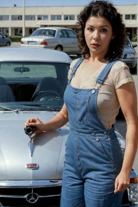 breathtaking, Photorealism <lora:VinaAsikiSDXL-000008:1>, 40 yo VinaAsikiSDXL  wearing overalls fixing a car, looking at the viewer, Photorealism, often for highly detailed representation, photographic accuracy, or visual illusion., award-winning, professional, highly detailed