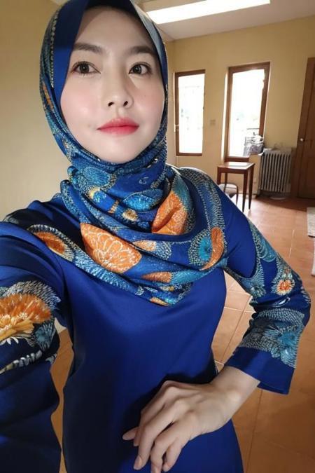 (masterpiece), (high quality, best quality, realistic, expressive eyes), classroom, (upper body), 1girl, mature female, mole under mouth, (orange hijab:1.1, blue dress:1.1, print dress), name tag, selfie