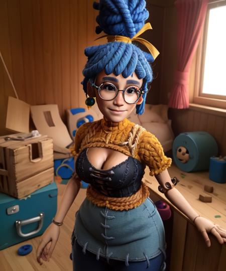 May, blue hair,dreadlocks, hair bun,  black eyes, glasses, wooden joints,  standing, upper body, smiling,  solo,   
ClYarn, black shirt,  red pants with stiches, red hair ribbon, short sleeves,   cleavage, 
in a giant toy box,  
(insanely detailed, beautiful detailed face, masterpiece, best quality),  <lora:May-10:0.8>