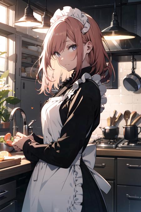 1 girl, maid, [red hair:blond hair:0.5], at kitchen