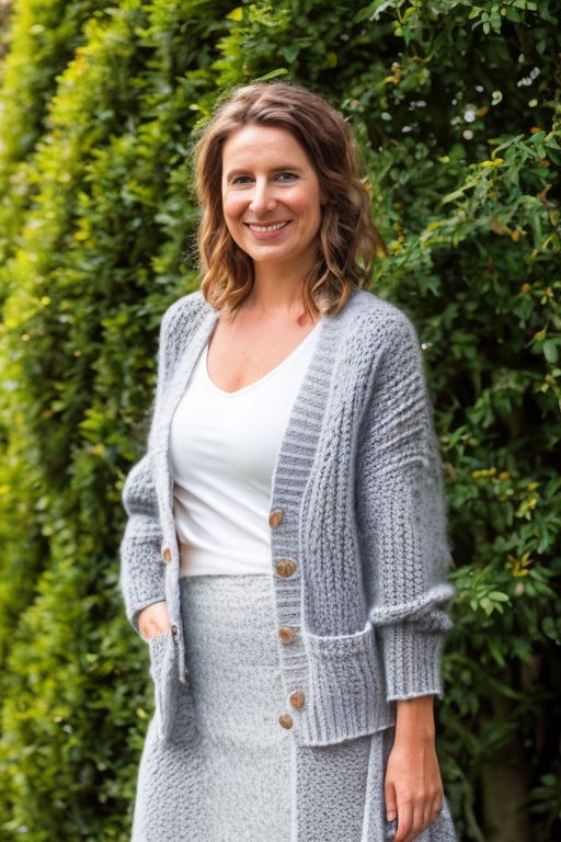 RAW photo of christa, portrait, Knit cardigan and midi skirt for a garden tea party, (high detailed skin:1.2), 8k uhd, dslr, soft lighting, high quality, film grain, Fujifilm XT3