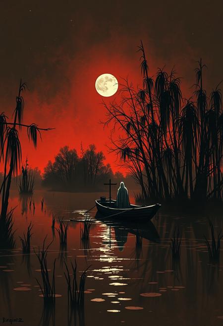linquivera,  Ink illustration, (anime:0.5), brown tones, aged black red paper, inkpunk, moonlight,surreal, a ghost standing on a boat in swampy wetlands, (at a distance), Will-o'-the-wisp, moonlit, lonely, solitude, windy, tall trees, willows, willowy,  OverallDetail, extremely detailed, UHD,(long exposure , dystopian but extremely beautiful:1.4),<lora:- SDXL - letitflrsh_let_it_flourish_V1.0:0.8> ,<lora:Cute_Collectible:1>, <lora:XL_boss_battle:0.6>  <lora:add-detail-xl:1>,  <lora:Concept Art Twilight Style SDXL_LoRA_Pony Diffusion V6 XL:1>,  <lora:MJ52:1>