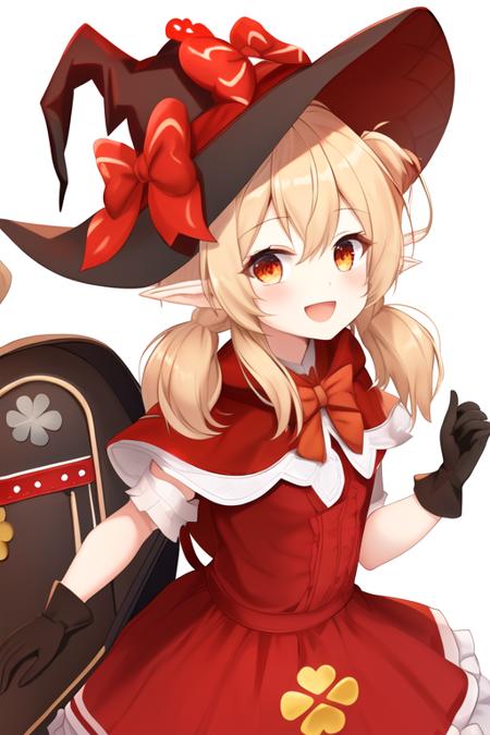 masterpiece, best quality, highres, solo, {klee_genshin:1.10}, bangs, pointy_ears, twintails, ahoge, long_hair, low_twintails, hair_between_eyes, hat, red_headwear, smile, sidelocks, hat_feather, cabbie_hat, open_mouth, bag, red_eyes, blonde_hair, backpack, clover_print, light_brown_hair, :d, orange_eyes, 1girl, bow, looking_at_viewer, witch_hat, alternate_costume, gloves, hat_bow, short_sleeves, black_gloves, frills, dress, simple_background, capelet, hat_ornament, puffy_short_sleeves, puffy_sleeves, ribbon, skirt