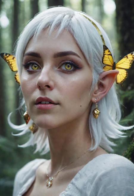 portrait of a very beautiful elf, big yellow eyes, pointed ears with big earrings, nose piercing, short white hair, Christmas hat, looking sideways at the viewer, in a forest, butterflies fluttering around her, cinematic lighting, ssao, uhd, 8k, 18 mm lens, f/2, cinematic color.