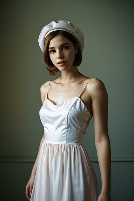 ZoeyDeutch, ((1920s photograph, upper body, portrait, flapper dress in silk or chiffon, knee-length, bobbed hair with a cloche hat, vintage speakeasy backdrop)), 1920s folding Kodak Autographic, 50mm f/4.5, 1/15s, ISO 100, ((vintage faded look))