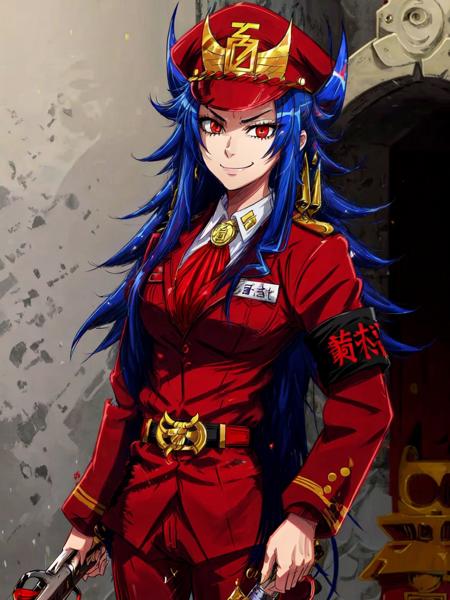 HyakushikiMomoko, 1girl, prison background, prison cell, holding weapon, weapon, uniform, military uniform, red pants,long sleeves, hat, belt, jacket,  evil smile, angry, smile,  <lora:HyakushikiMomoko:0.6> <lora:add_detail:1>