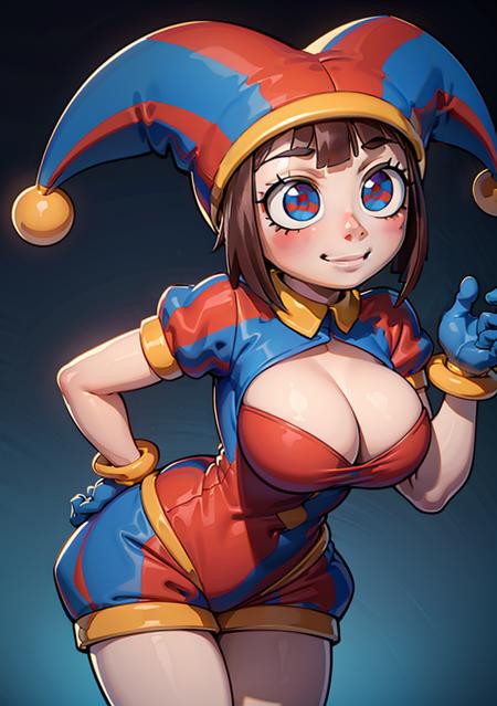 (Pomni leaning forward, hand on mouth, cute:1.2), (jester cap, gloves, puffy short sleeves, red eyes and blue eyes, striped ), large breasts  happy, smile, looking at viewer, cute, from below, 
(multicolored background:1),(dynamic pose:1.2),(dynamic angle:1), (cowboy shot:1.2),
(masterpiece:1.2), (best quality, highest quality), (ultra detailed), (8k, 4k, intricate) ,(ambient light:1.3), realistic, render, unity,
 <lora:Pomni_character:0.8> <lora:3DMM_V11:0.4> 3DMM,