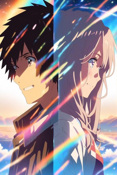 anime, your name, a girl with long hair and a boy looking at each other, smile, intense emotions, artistic portrait style, contrasting colors, beautiful eyes