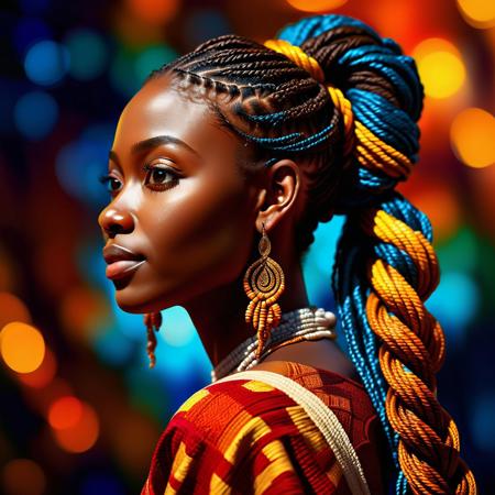young woman, oil painting, expressive brush strokes, high contrast lighting, rich and warm color palette, bokeh background, ultra realistic, 8k, senegalese twists hair style, low ponytail hairs, look up to, from the side, absurdres, masterpiece, high detail, intricate, best quality