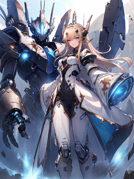 masterpiece,best quality,highres,cinematic lighting,dramatic angle,1girl,mecha musume,<lora:ShadowverseSkeletonRaiderV4-000017:0.8:lbw=1,1,1,1,1,0.5,0.5,0.1,0.86,1,1,1,1,1,1,1,1>,blonde hair,horns,hair ornament,blue eyes,glowing eyes,very long hair,mechanical arms,parts,joints,hyper technology,looking at viewer,smile,floating,high heels,white dress,wide sleeves,magic,aura,energy boost,giant robot in the background,mechaform,