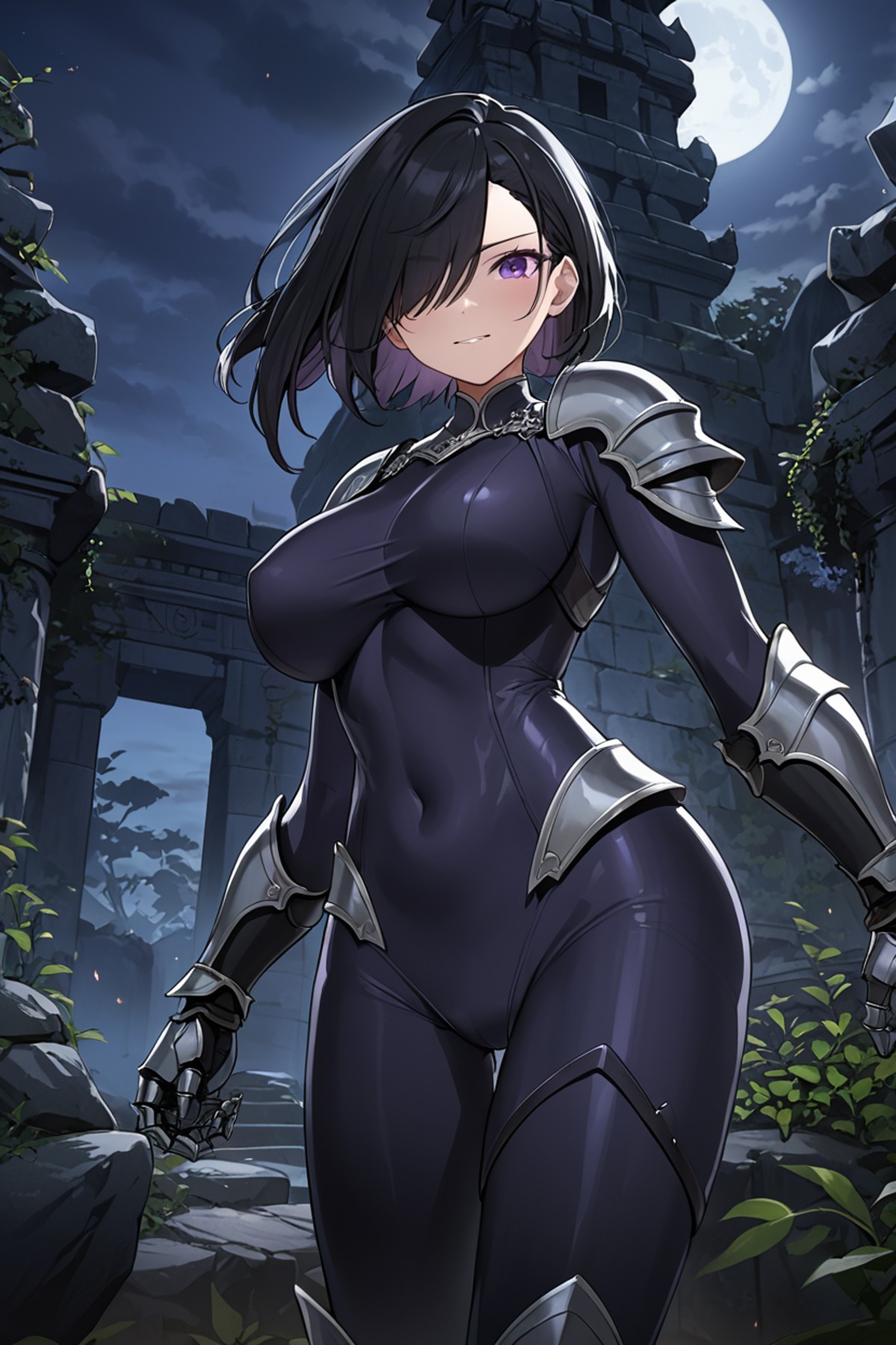 highres, official art, detailed face and eyes, face focus, solo focus, cinematic darkness, smug woman, large breasts, wide...