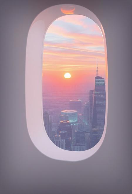 A fleeting sunrise seen through a narrow, frosted slit in the glossy, stark-white composite wall of an ultra-futuristic, dystopian megatower. For a single second, the sun’s radiant, pearlescent-orange rays stream in, casting an otherworldly glow across the pristine, all-white interior filled with pulsating quantum displays, sleek levitating panels, and softly whirring tech nodes. Beyond the slit, a sprawling, hyper-advanced cityscape stretches out with shimmering, translucent skyscrapers and glowing energy grids silhouetted against a sky streaked with iridescent pink and lavender hues. The brief sunlight reflects off the polished white surfaces inside, amplifying the contrast between the sterile, high-tech environment and the ephemeral beauty of the sunrise, before shadows return.