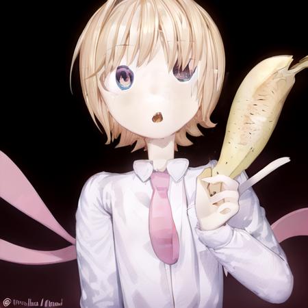 SenpaiCA2021, solo, short hair, open mouth, simple background, shirt, food, necktie, fruit, pink necktie, banana, what