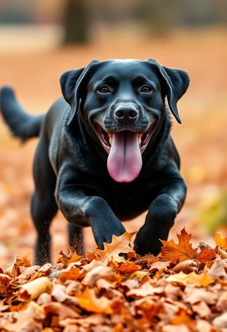 score_9, score_8_up, score_7_up, photo Quality, action shot, close up, blurred background, autumn setting, black Labrador with his tongue hanging out to the side and a look of pure animalistic joy on his face is running at a full speed and jumping into a large pile of raked leaves.