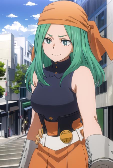 emifukukado, <lora:emi fukukado s3-lora-nochekaiser:1>,
emi fukukado, long hair, (green eyes:1.5), (bright pupils:1.5), green hair, smile,
BREAK skirt, shirt, gloves, bare shoulders, school uniform, white shirt, sleeveless, belt, bandana, orange gloves,
BREAK outdoors, city, sun, clouds, sky,
BREAK looking at viewer,
BREAK <lyco:GoodHands-beta2:1>, (masterpiece:1.2), best quality, high resolution, unity 8k wallpaper, (illustration:0.8), (beautiful detailed eyes:1.6), extremely detailed face, perfect lighting, extremely detailed CG, (perfect hands, perfect anatomy),