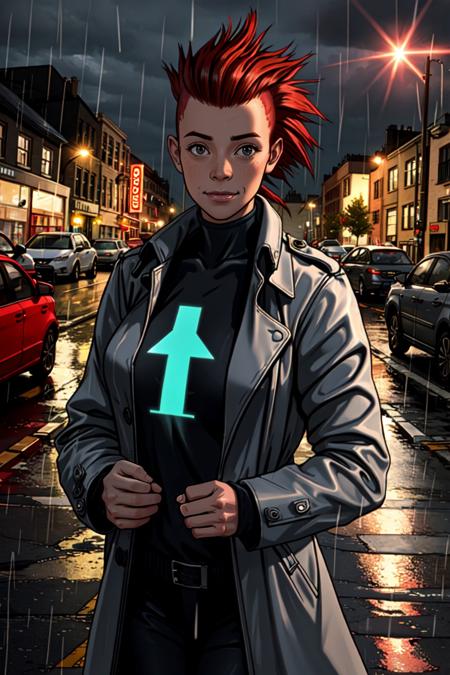 1girl, (cyberpunk:0.6), (iridescent:0.8), holographic clothing, mohawk, science fiction, standing, (night:0.8), (darkness:0.8), cityscape, street, rain, red hair, trench coat, realistic, (photorealistic:1.1), (lineart:0.8), black_outline