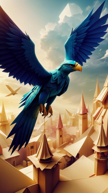 woorigami soaring eagle with outstretched wings, folded, paper-made, origami <lora:WorldofOrigami:1><lora:add_detail:0.5> <lora:LowRa:0.25>, (Masterpiece:1.3) (best quality:1.2) (high quality:1.1), HDR,photo quality,stunning,art style,epic,enchanting atmosphere,RAW photo,fantastical,hyper detailed,best quality