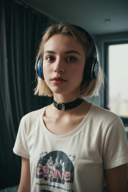 (analog photo:1.1), gamer girl, headphones , blonde short hair, ( t-shirt:1.15), (20 years old, young:1.2), petite, (pubic hair:1.1), choker, cream eyeliner, european, cozy bedroom, (neon glow, cyberpunk:1.2), waves, warm colors, (inviting expression:1.05), RAW Photograph, dslr, soft lighting, high quality, film grain, Fujifilm XT3, (nsfw:1.1), insane details, masterpiece, 8k, 35mm photograph, dslr, kodachrome, vignette, vintage, Kodachrome, Lomography, stained, highly detailed, found footage