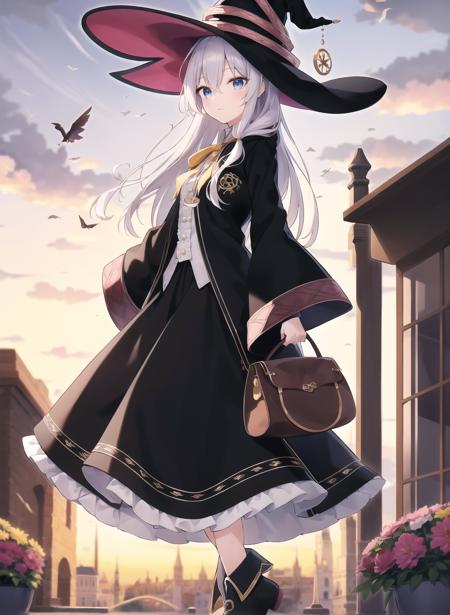 elaina, 1girl, solo, long hair, blue eyes, skirt, shirt, long sleeves, hat, bow, ribbon, hair between eyes, white shirt, white hair, boots, frills, wide sleeves, black skirt, bag, black footwear, black headwear, witch hat, frilled skirt, robe, yellow ribbon, witch, brown bag, black robe, open robe, pointy footwear elaina, 1girl, long hair, blue eyes, dress, holding, hair between eyes, sitting, closed mouth, ahoge, white hair, sleeveless, red ribbon, neck ribbon, sleeveless dress, blue dress,