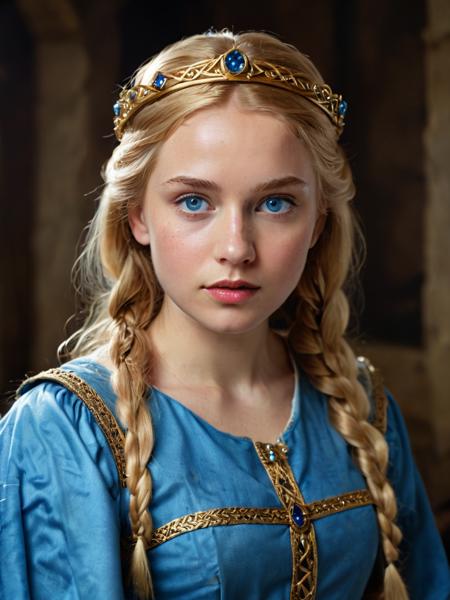 Photorealistic oil painting of (beautiful:1.1) northern ((medieval)) princess, beautiful, 18-year-old, dignified (princess:1.3), flowing braided (golden-blonde hair:1.2), (perfect photorealistic light-blue eyes:1.3), (medieval clothing:1.3), (simple nordic circlet:1.3), dark fantasy, (medieval) fantasy, [nordic] fantasy, epic fantasy, (upper body:1.2) (medium shot:1.1) taken with (fujifilm xt3:1.1), stunning landscape, movie scene, film grain, dark style, dark lighting, dramatic hard shadows, (((dramatic lighting:1.3))), explosive, material contrast, hyper detailed, photo realistic, cinematic composition, intricate details, masterpiece, visually stunning, evocative, best quality