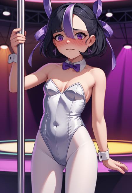 syuen, purple eyes, black hair, streaked hair, short hair, bangs, hair ribbon, earrings, purple jacket, necktie, detached sleeves, sleeveless, crop top, navel, midriff, skirt, belt, leg tattoo, mole under eye