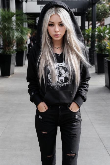 RAW photo, High focus, (emo : 1.1) DV_S3_Momo_Vicious, black and blonde  hair, emo_hairstyle,  black hoodie,, black jeans, at the mall, very detailed skin, 8k uhd, dslr, professional lighting, high quality, very sharp, 75mm, Fujifilm XT3, shallow depth of field, Full body shot,  <lora:emo_hairstyle:0.7>