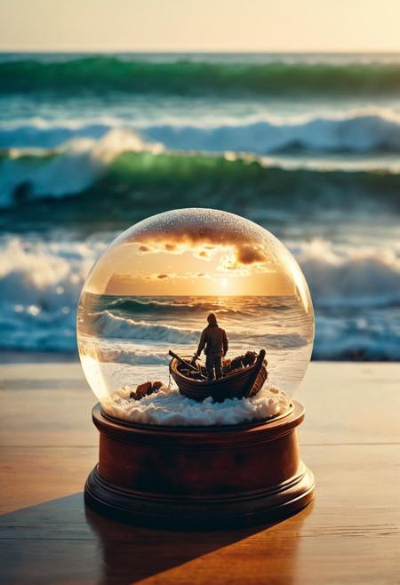 cinematic still, A snow globe with shipwrecked man calling for help inside of it on a table, large waves, best quality, highly detailed <lora:MoreArtFull_v1:0.8>, a fire place in the background, warm lightning, emotional, harmonious, vignette, highly detailed, high budget, bokeh, cinemascope, moody, epic, gorgeous, film grain, grainy