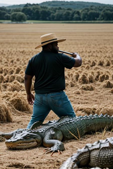 raw photo, a black fat man (((fighting alligators furiously))), a straw hat, (farmer, dirty clothes:1.1), a field with wheat in the background, a ranch, warm lighting, cosy atmosphere, Instagram style, 8k uhd, dslr, soft lighting, high quality, film grain, Fujifilm XT3, (natural skin texture, hyperrealism, soft light, sharp)