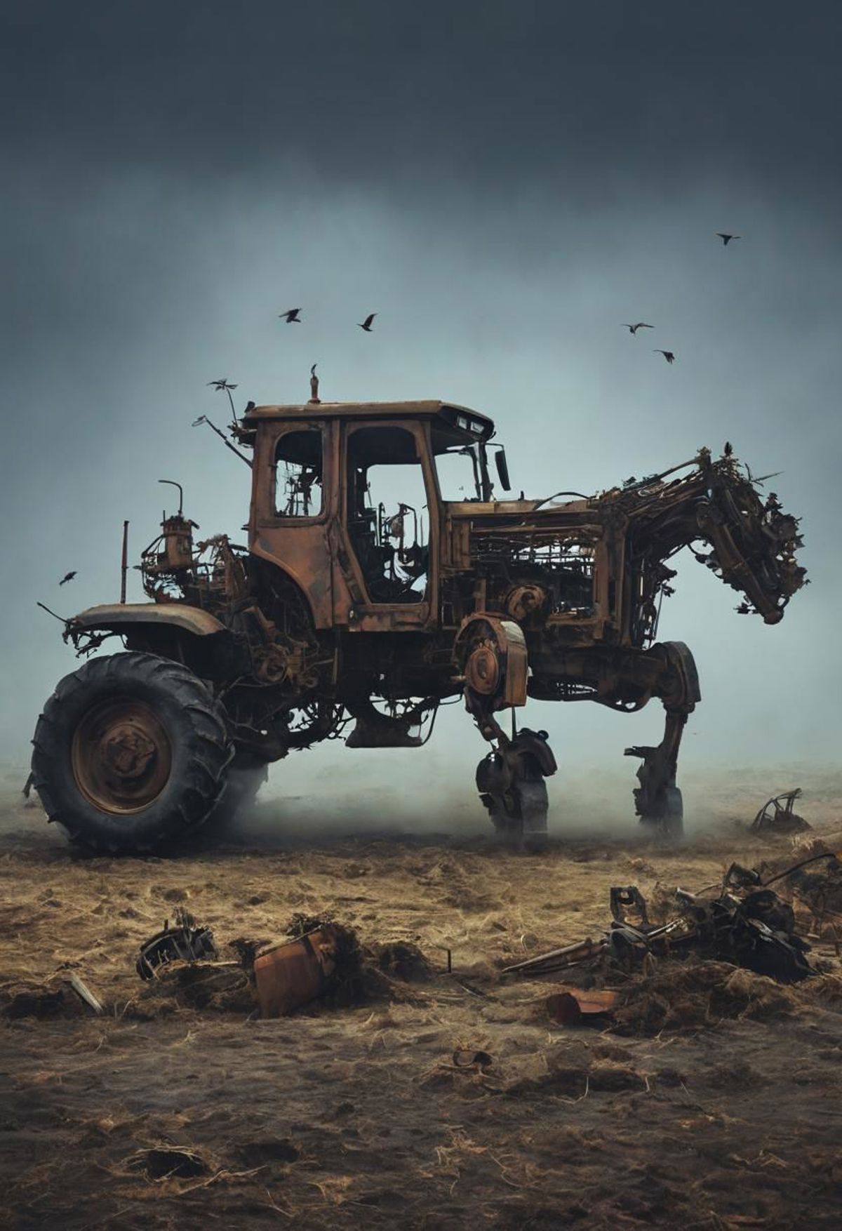 A rusty tractor with a horse head on it, surrounded by birds and junk.