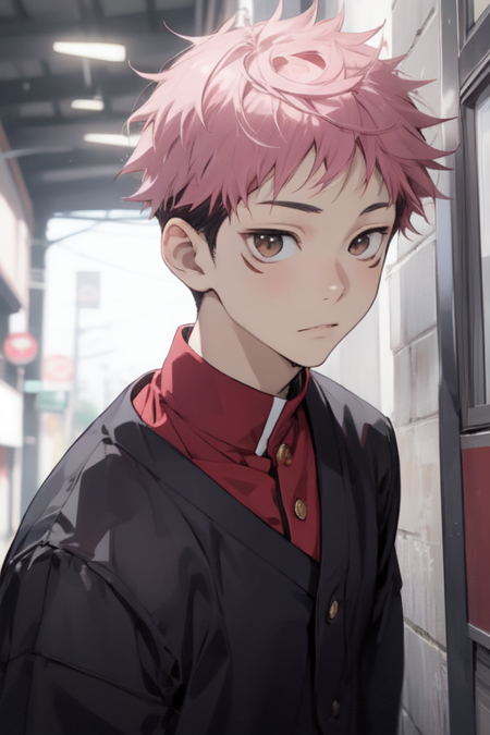 itadori yuuji pink hair spiked hair short hair undercut facial mark brown eyes