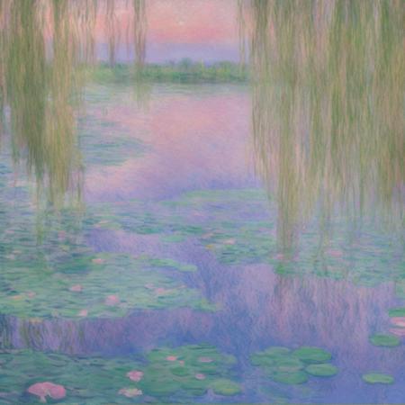 An illustration in the style of Monet of an impressionistic water lily pond at dawn with shimmering reflections of pastel-hued clouds and weeping willows