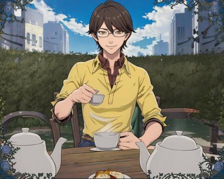 masterpiece, best quality, 1boy, smile,  solo, looking at viewer,   <lora:Keisuke_Fp:1>, keisukedesu, yellow shirt, pants, glasses, <lora:Teatime-concept_Fp:0.8>, cup, table, food, teapot, outdoors, sitting