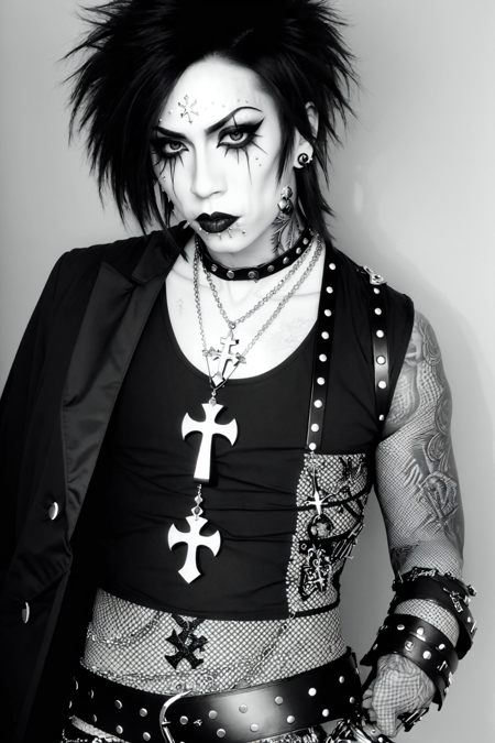 Vkei_Realism, 1boy, fishnet shirt, genderless, topless, solo, jewelry, underwear, monochrome, greyscale, belt, necklace, tattoo, piercing, cross, fishnets, cross necklace, gothic, latin cross, lip piercinge<lora:Vkei_Realism:0.75>